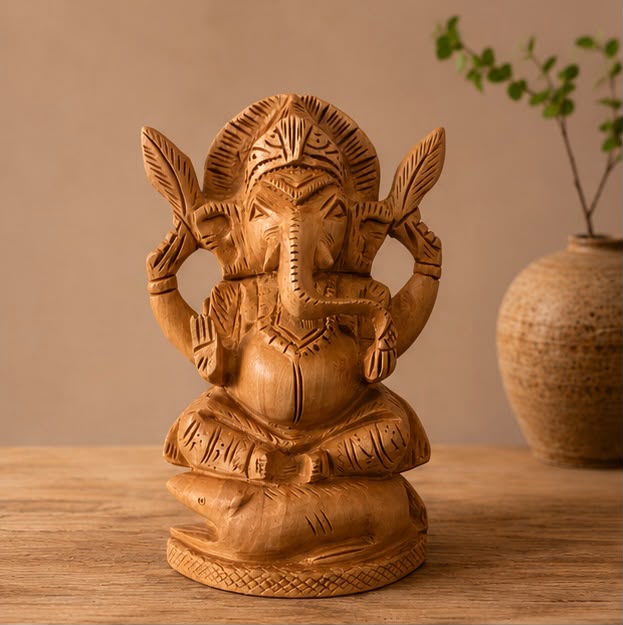 Vighnaharta Ganesha – Handcrafted Kadam Wood Sculpture
