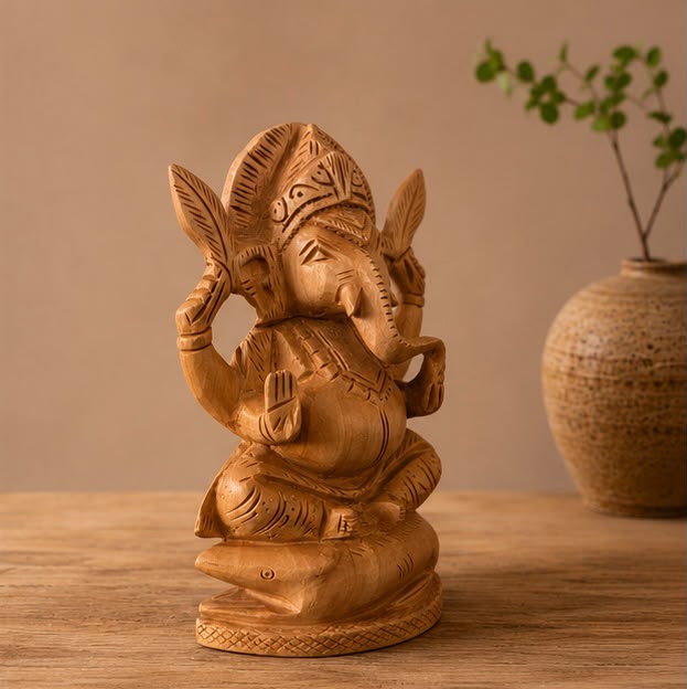 Vighnaharta Ganesha – Handcrafted Kadam Wood Sculpture