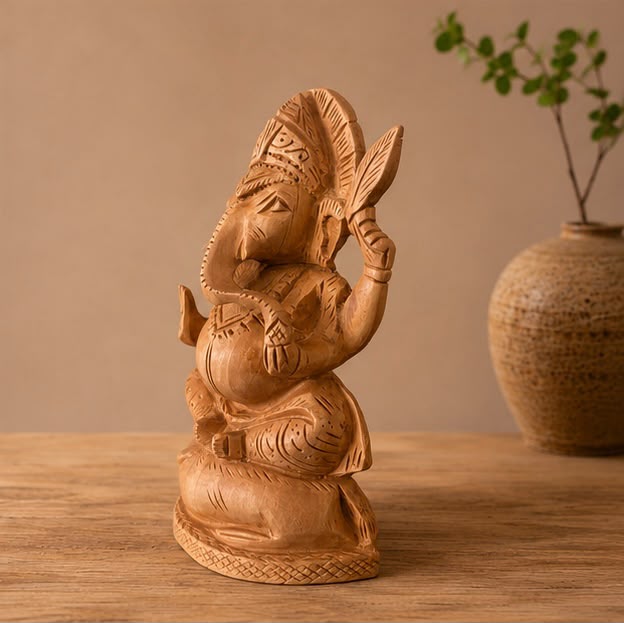 Vighnaharta Ganesha – Handcrafted Kadam Wood Sculpture