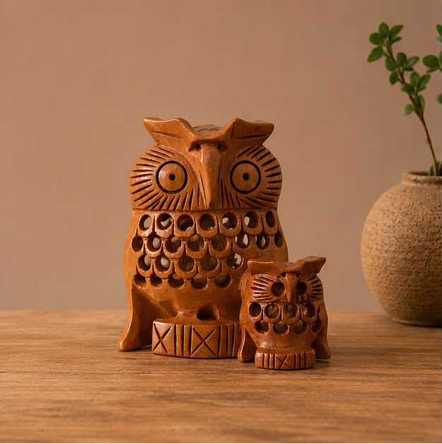 Guardian Owl Duo – Handcrafted Wooden Owl Set