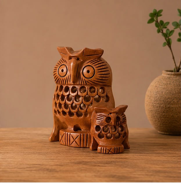 Guardian Owl Duo – Handcrafted Wooden Owl Set