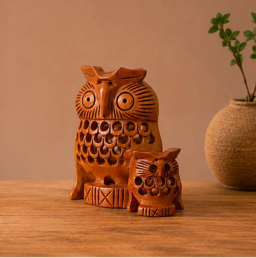 Guardian Owl Duo – Handcrafted Wooden Owl Set
