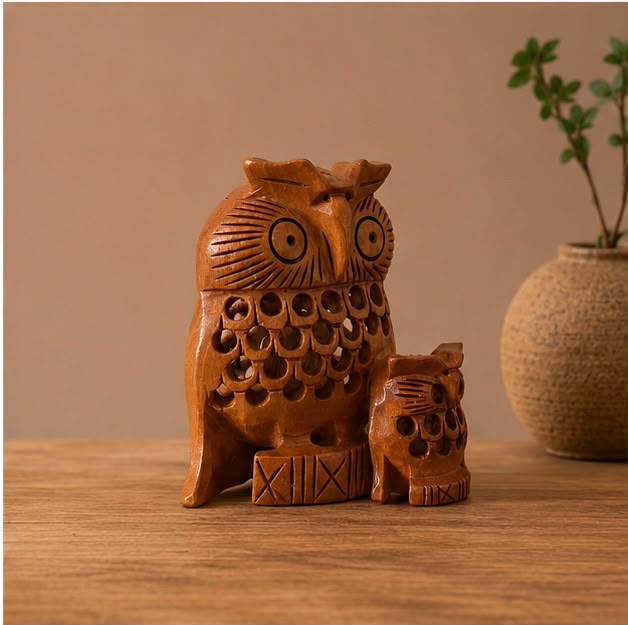 Guardian Owl Duo – Handcrafted Wooden Owl Set